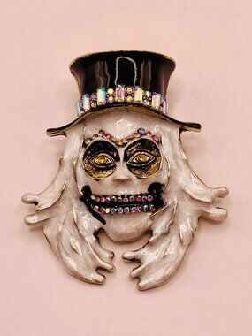 Haunted Mansion Inspired Skeleton Pin Brooch Rhinestones & Top Hat -84B